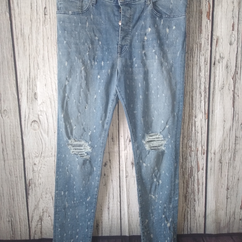 Keiser Clark Los Angeles Blue Denim Button Fly Distressed Slim Straight Jeans 38